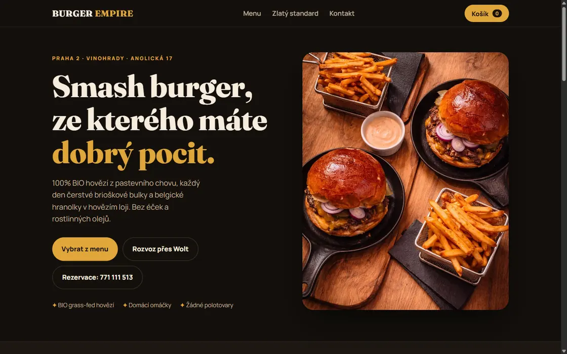 Úvodní stránka návrhu webu Burger Empire v Praze